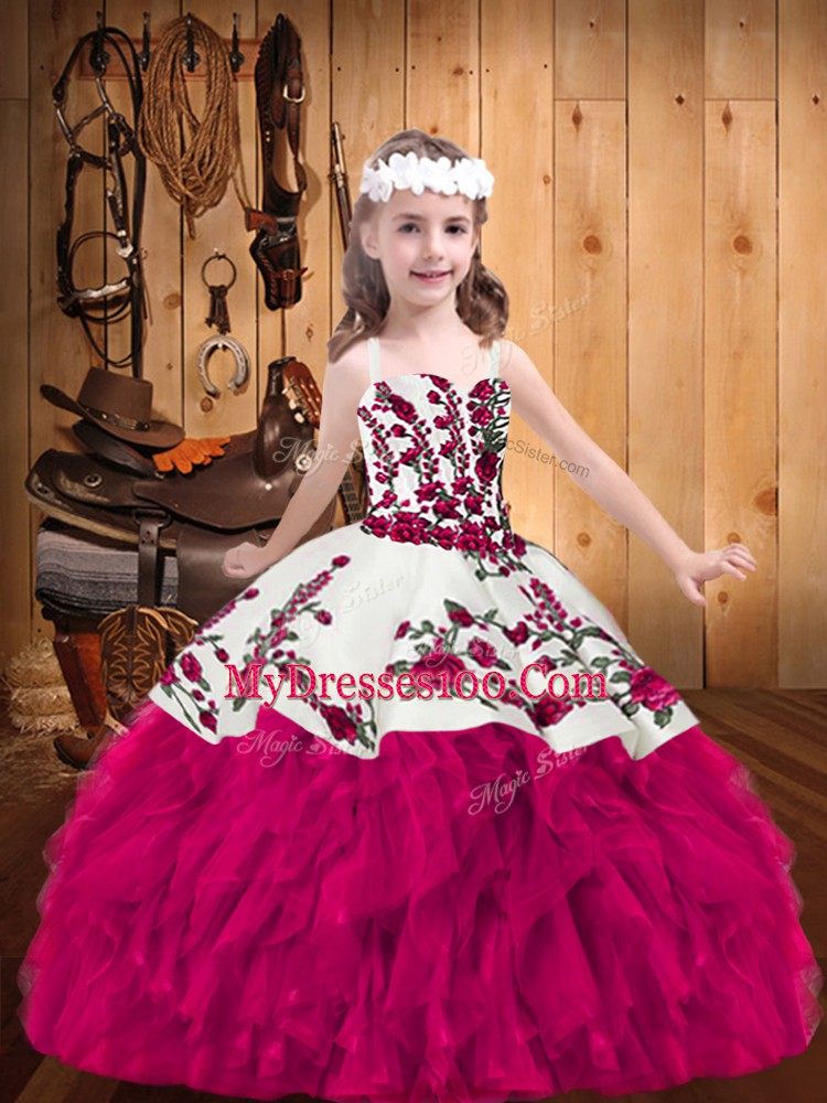 Fuchsia Straps Lace Up Embroidery Little Girl Pageant Dress Sleeveless