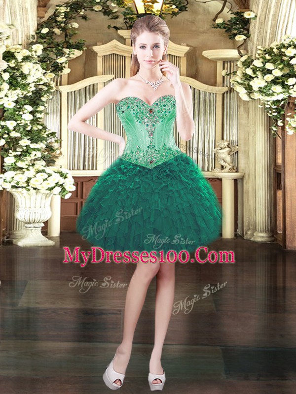 Mini Length Dark Green Prom Gown Sweetheart Sleeveless Lace Up
