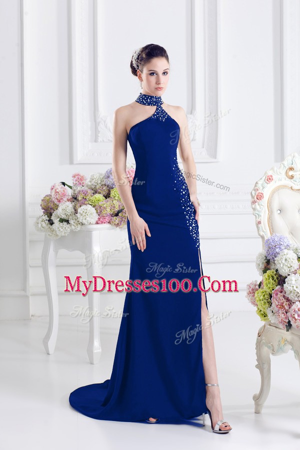 Artistic Lace Up Dress for Prom Royal Blue for Prom and Party with Beading Sweep Train