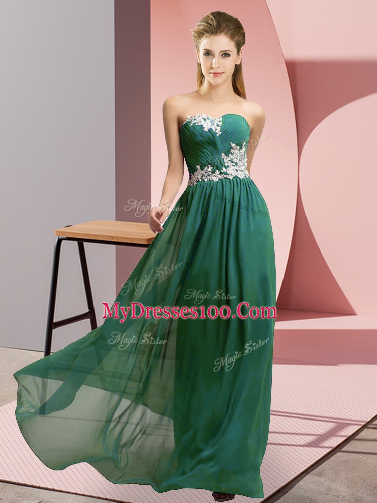 Dark Green Sleeveless Appliques Floor Length Prom Dresses