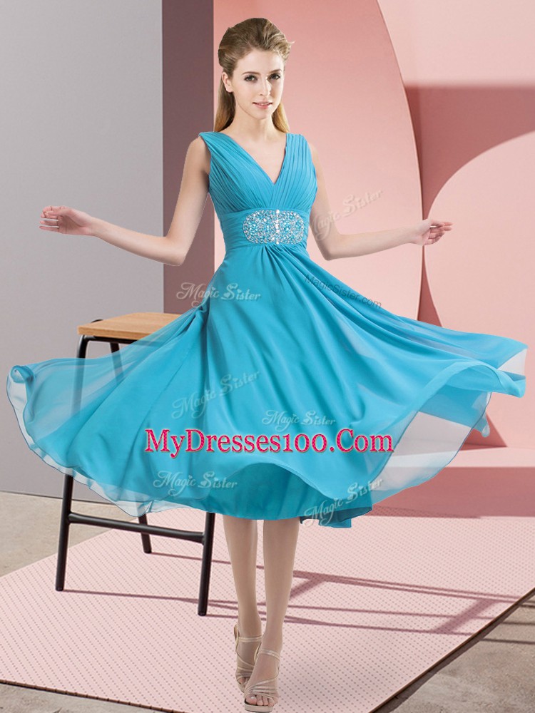 Exceptional Aqua Blue Chiffon Side Zipper Vestidos de Damas Sleeveless Knee Length Beading