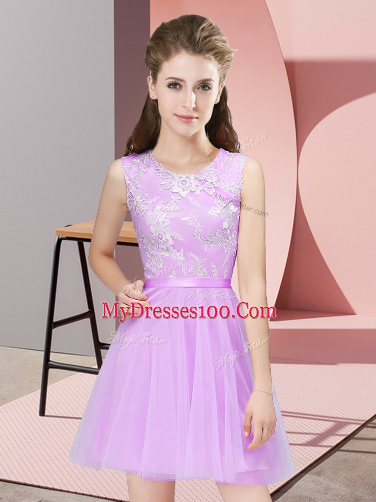 Lilac Tulle Side Zipper Bridesmaid Dresses Sleeveless Mini Length Lace
