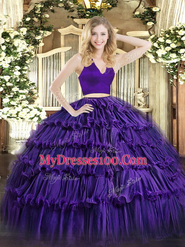 Purple Two Pieces Halter Top Sleeveless Organza Floor Length Zipper Ruffled Layers Vestidos de Quinceanera