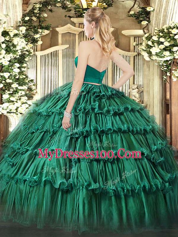 Purple Two Pieces Halter Top Sleeveless Organza Floor Length Zipper Ruffled Layers Vestidos de Quinceanera
