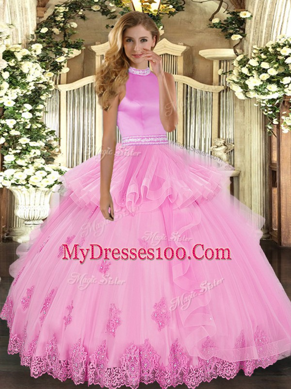 Rose Pink Halter Top Neckline Beading and Ruffles 15th Birthday Dress Sleeveless Backless