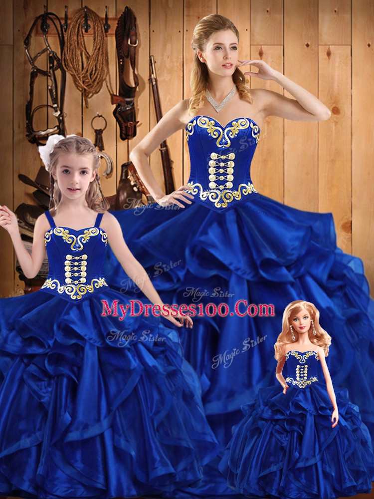Royal Blue Organza Lace Up Sweetheart Sleeveless Floor Length 15 Quinceanera Dress Embroidery and Ruffles