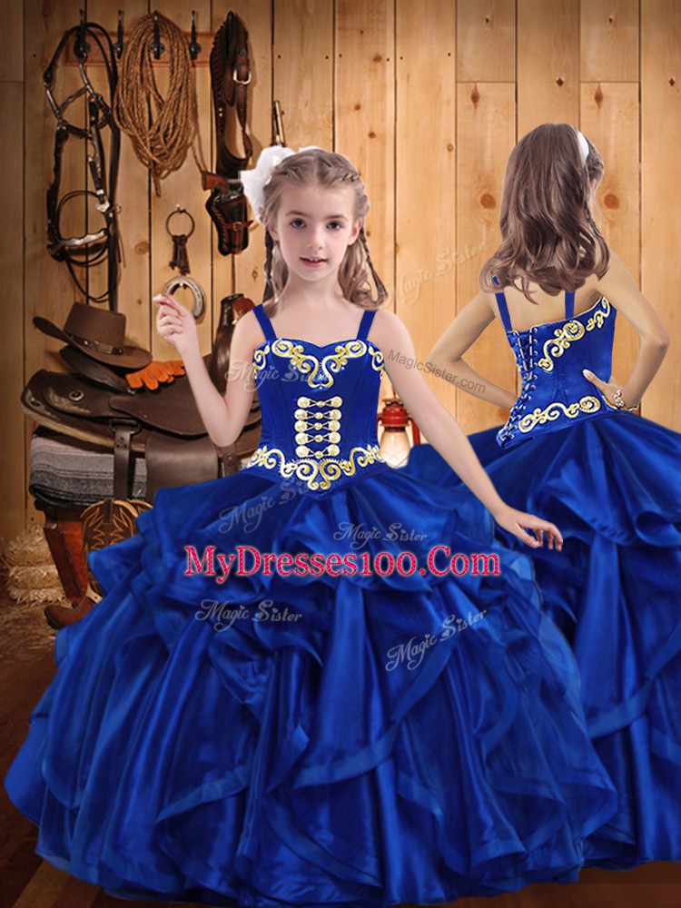 Royal Blue Organza Lace Up Sweetheart Sleeveless Floor Length 15 Quinceanera Dress Embroidery and Ruffles
