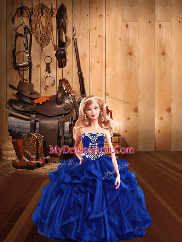 Royal Blue Organza Lace Up Sweetheart Sleeveless Floor Length 15 Quinceanera Dress Embroidery and Ruffles