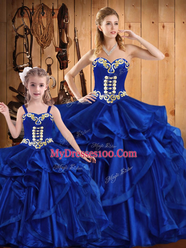 Royal Blue Organza Lace Up Sweetheart Sleeveless Floor Length 15 Quinceanera Dress Embroidery and Ruffles