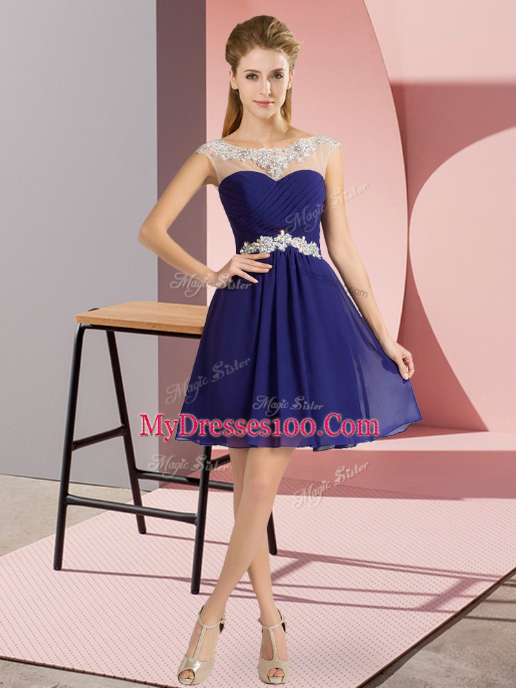 Flirting Royal Blue Empire Chiffon Scoop Cap Sleeves Beading Mini Length Lace Up Prom Party Dress