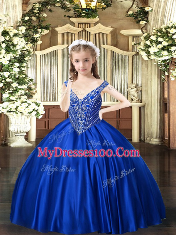 Enchanting Royal Blue Satin Lace Up V-neck Sleeveless Floor Length Pageant Dress for Teens Beading