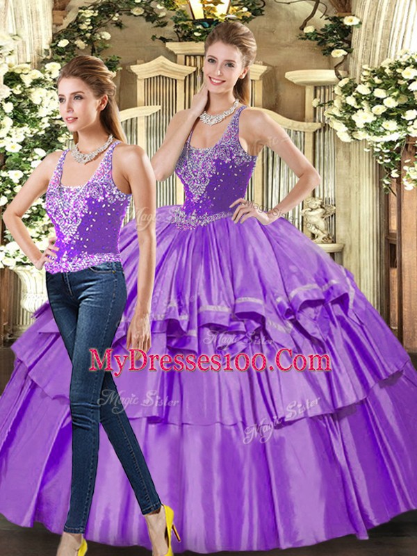 Eggplant Purple Straps Neckline Ruffled Layers Vestidos de Quinceanera Sleeveless Lace Up