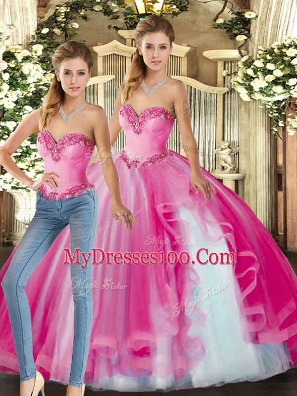 Fuchsia Sleeveless Floor Length Ruffles Lace Up Quinceanera Gown