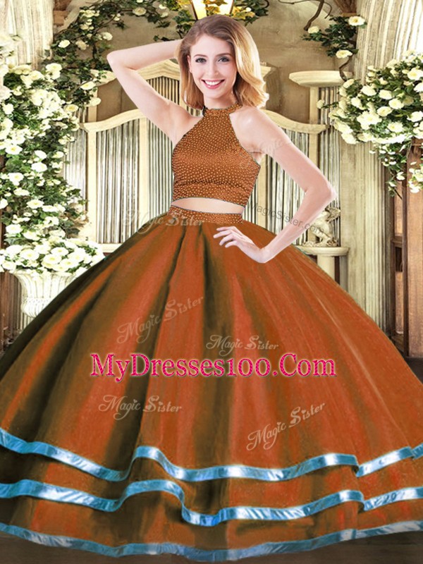Sleeveless Floor Length Beading Backless Sweet 16 Quinceanera Dress with Rust Red