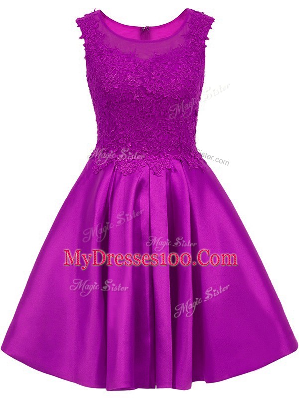 Dazzling Eggplant Purple A-line Lace Court Dresses for Sweet 16 Zipper Satin Sleeveless Mini Length