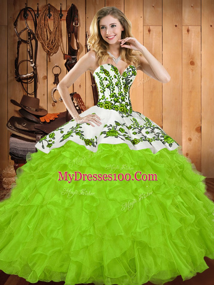 Beauteous Floor Length Lace Up 15th Birthday Dress Yellow Green for Military Ball and Sweet 16 and Quinceanera with Embroidery and Ruffles