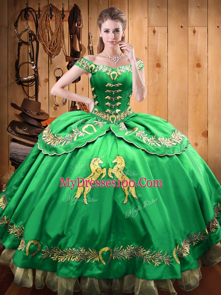 Green 15th Birthday Dress Sweet 16 and Quinceanera with Beading and Embroidery Off The Shoulder Sleeveless Lace Up