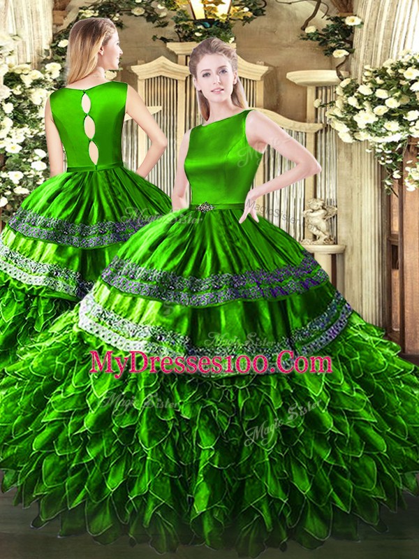 Customized Green Scoop Clasp Handle Ruffles Quince Ball Gowns Sleeveless