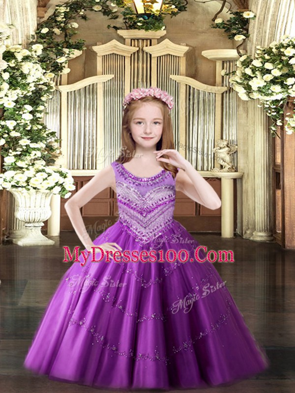 Custom Designed Lilac Tulle Lace Up Scoop Sleeveless Floor Length Little Girl Pageant Dress Beading