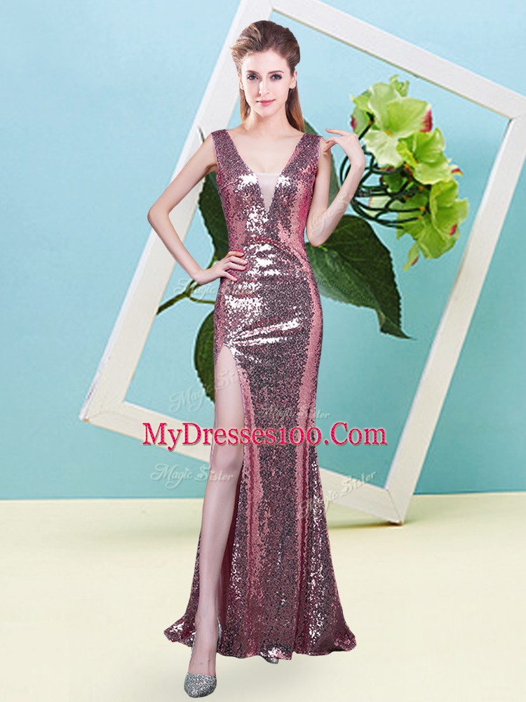 Custom Made Sequined V-neck Sleeveless Zipper Sequins Homecoming Dress in Coral Red