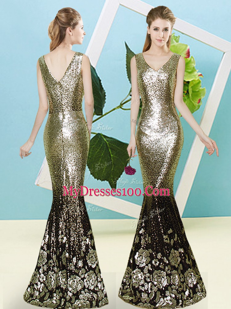 Gold Sleeveless Sequins Floor Length Prom Evening Gown