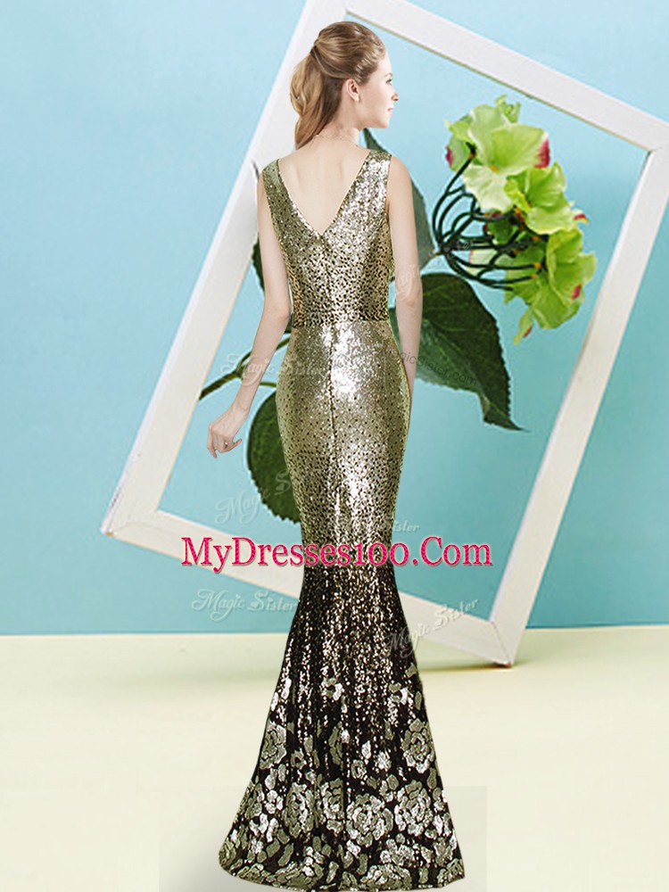 Gold Sleeveless Sequins Floor Length Prom Evening Gown