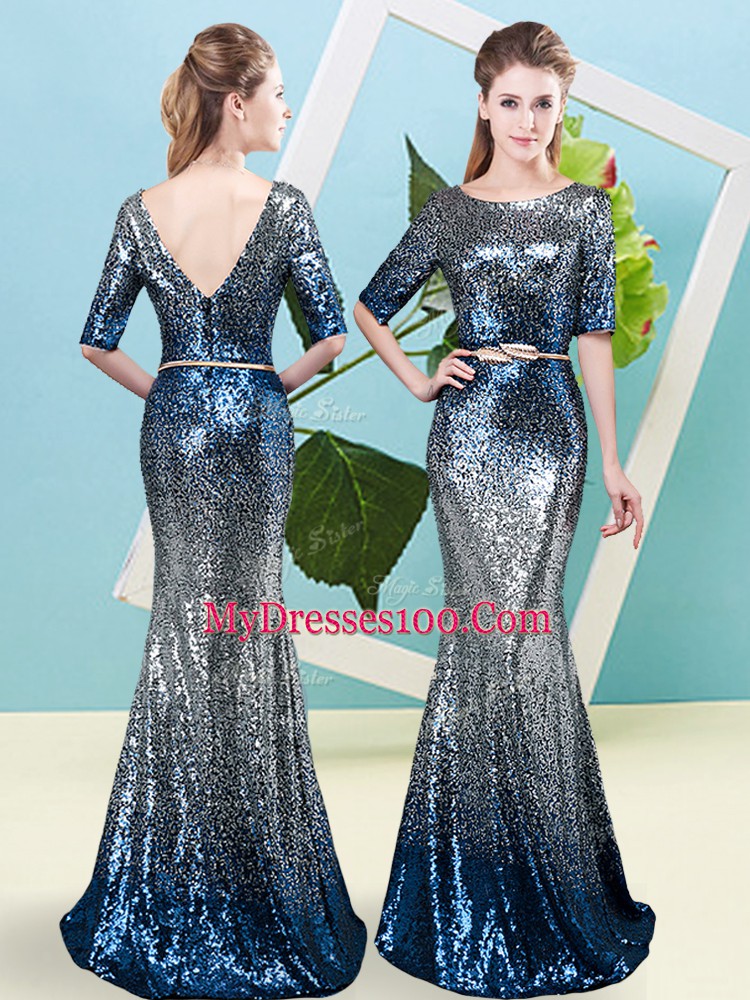 Stunning Floor Length Multi-color Dress for Prom Scoop Half Sleeves Zipper