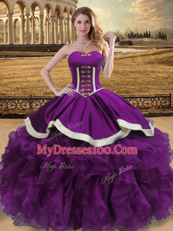 Sophisticated Organza Sweetheart Sleeveless Lace Up Beading and Ruffles 15 Quinceanera Dress in Eggplant Purple