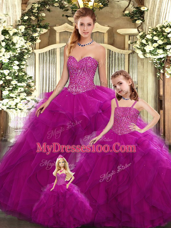 Fuchsia Lace Up 15th Birthday Dress Beading and Ruffles Sleeveless Floor Length