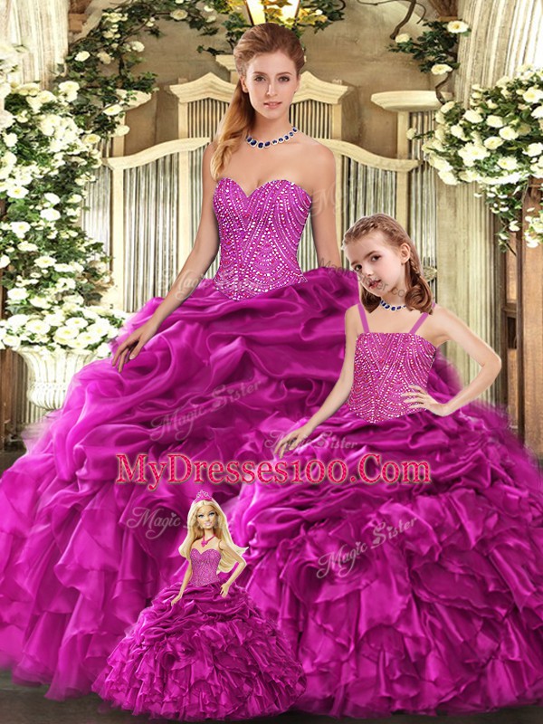 Fuchsia Ball Gowns Sweetheart Sleeveless Organza Floor Length Lace Up Beading and Ruffles Quinceanera Dresses