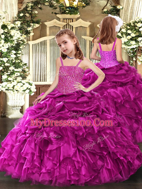 Fuchsia Ball Gowns Sweetheart Sleeveless Organza Floor Length Lace Up Beading and Ruffles Quinceanera Dresses