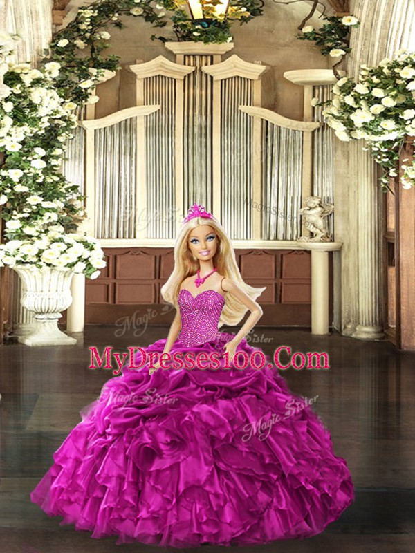 Fuchsia Ball Gowns Sweetheart Sleeveless Organza Floor Length Lace Up Beading and Ruffles Quinceanera Dresses