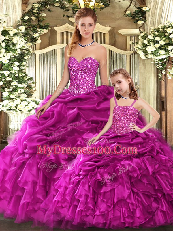 Fuchsia Ball Gowns Sweetheart Sleeveless Organza Floor Length Lace Up Beading and Ruffles Quinceanera Dresses