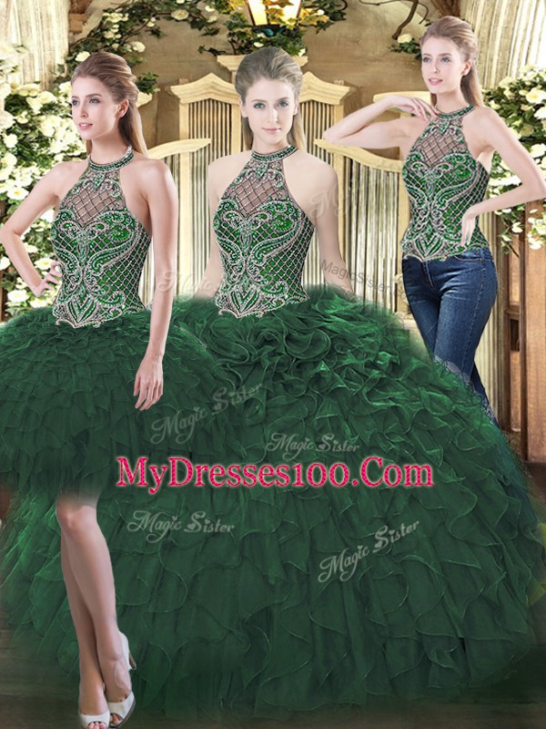 Classical Sleeveless Floor Length Beading and Ruffles Lace Up Sweet 16 Dress with Dark Green