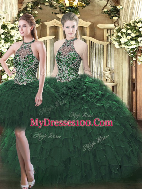 Classical Sleeveless Floor Length Beading and Ruffles Lace Up Sweet 16 Dress with Dark Green