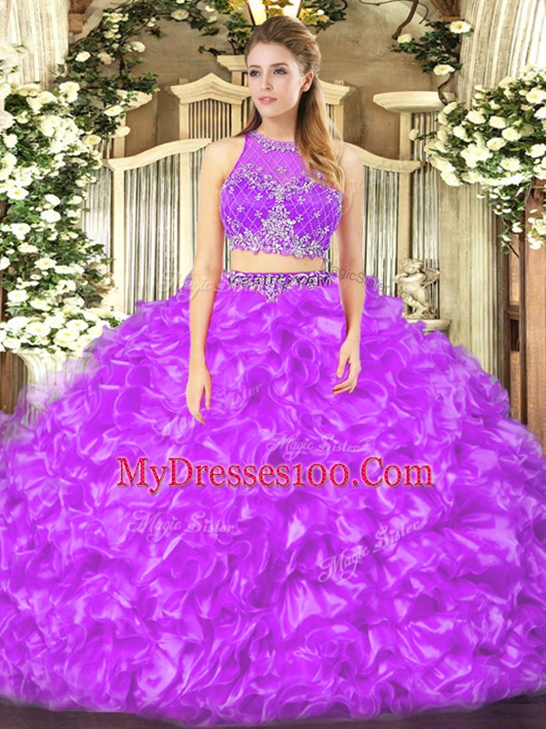 Lovely Lilac Ball Gowns Scoop Sleeveless Organza Floor Length Zipper Beading and Ruffles 15 Quinceanera Dress