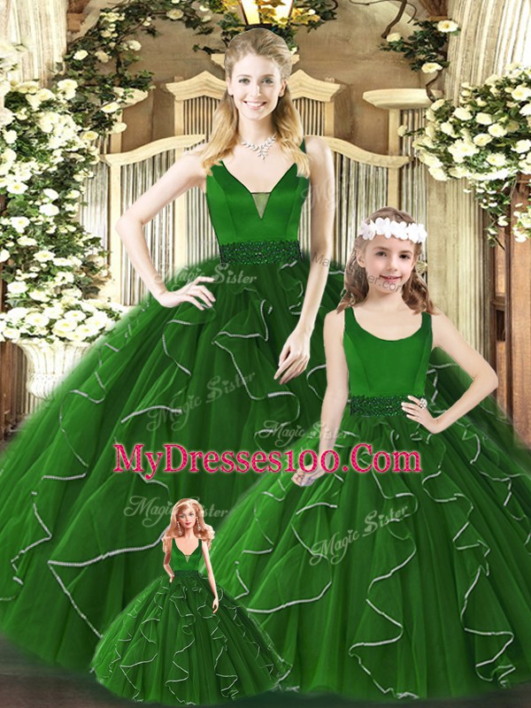 Floor Length Ball Gowns Sleeveless Green Quinceanera Gowns Zipper