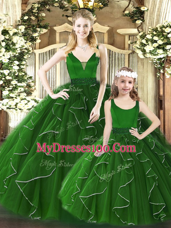 Floor Length Ball Gowns Sleeveless Green Quinceanera Gowns Zipper