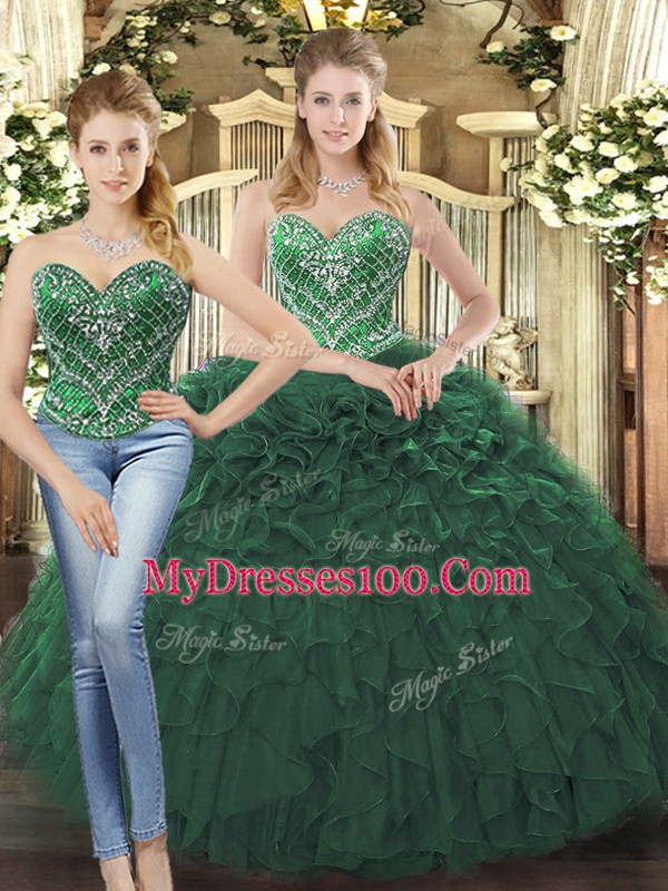 Simple Dark Green Sleeveless Tulle Lace Up Sweet 16 Quinceanera Dress for Military Ball and Sweet 16 and Quinceanera