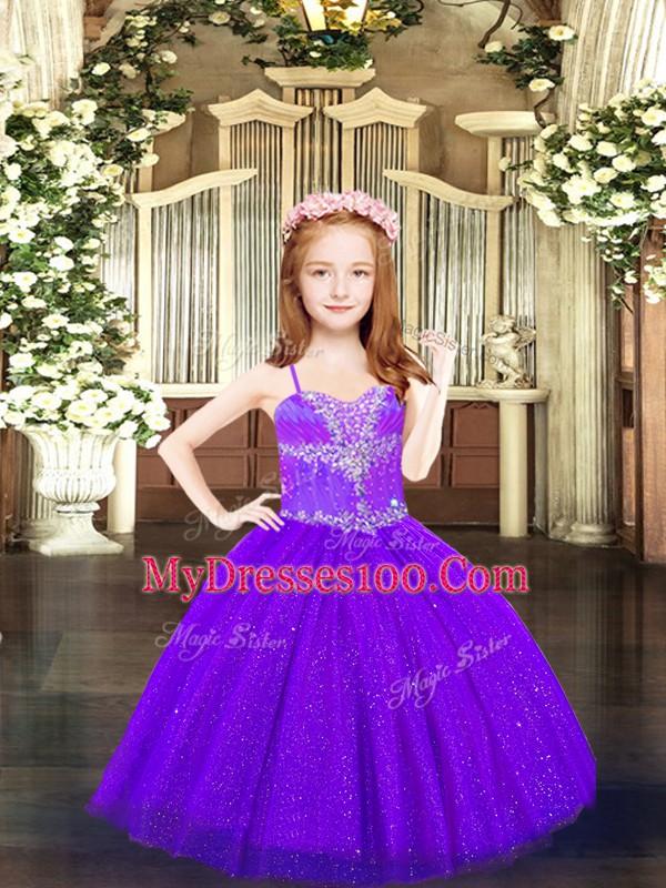 Purple Sleeveless Floor Length Beading Lace Up Kids Pageant Dress