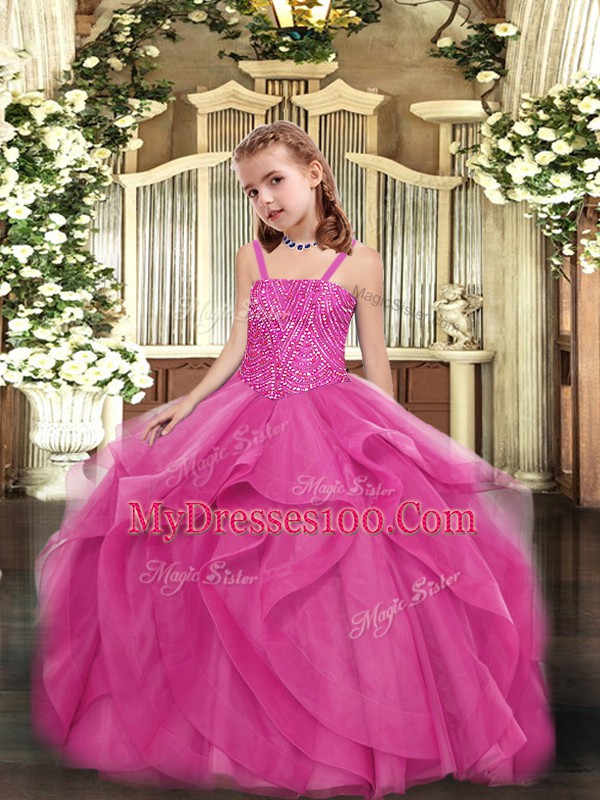 Discount Hot Pink Organza Lace Up Pageant Gowns For Girls Sleeveless Floor Length Beading
