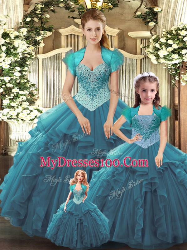 Straps Sleeveless Lace Up Quinceanera Dresses Teal Tulle