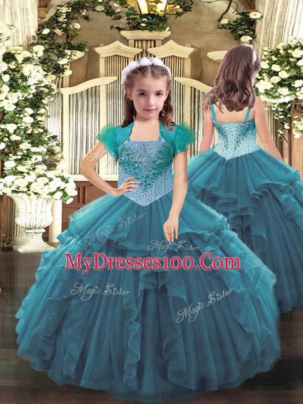 Straps Sleeveless Lace Up Quinceanera Dresses Teal Tulle
