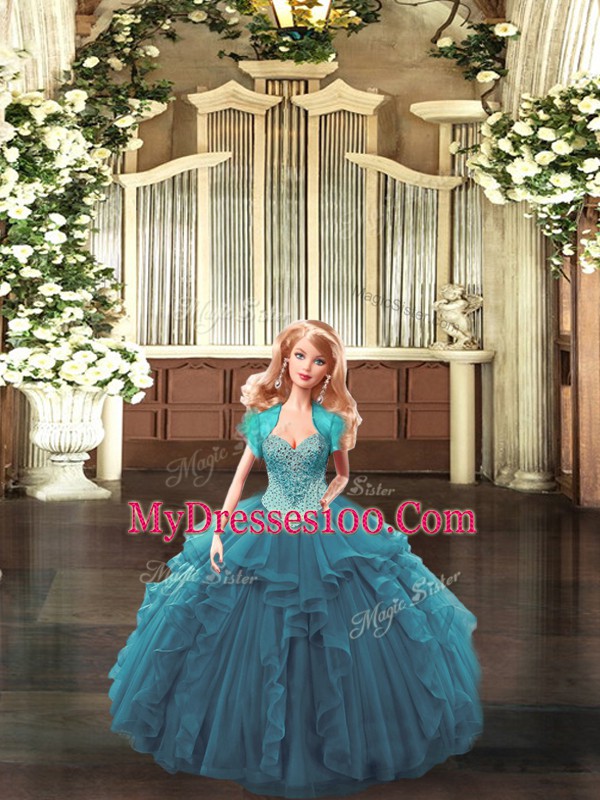 Straps Sleeveless Lace Up Quinceanera Dresses Teal Tulle