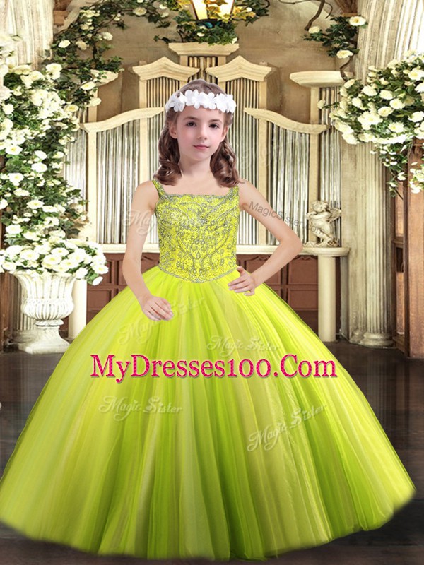 Stylish Straps Sleeveless Tulle Kids Pageant Dress Beading Lace Up