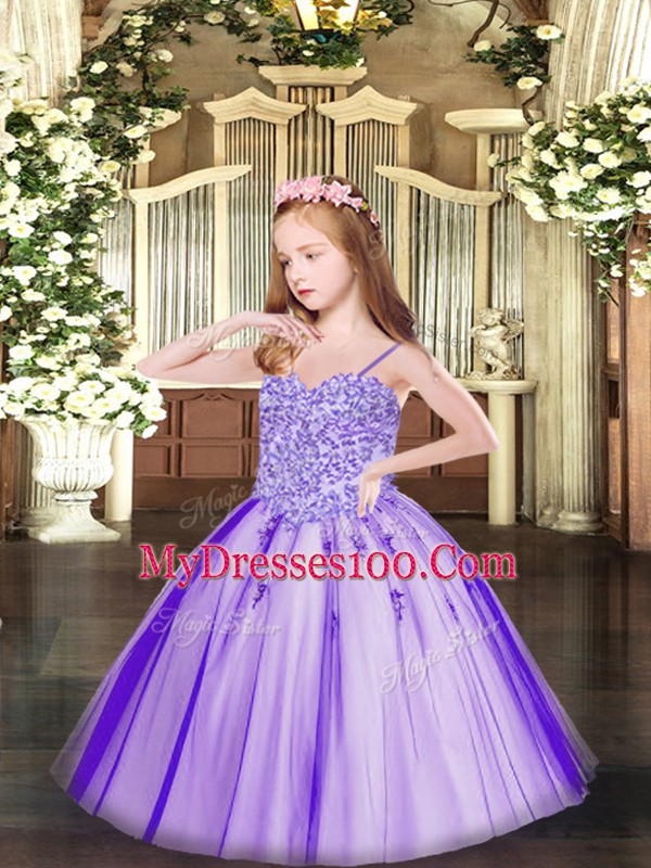 Inexpensive Floor Length Lace Up Girls Pageant Dresses Lavender for Party and Quinceanera with Appliques