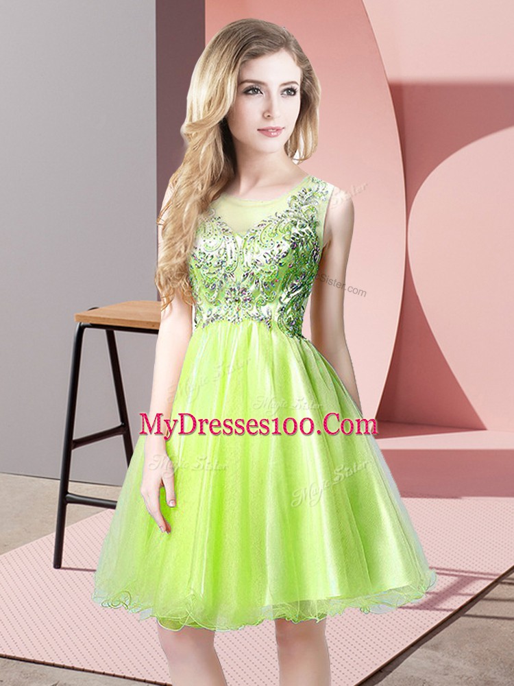 Sumptuous Beading Homecoming Dress Yellow Green Zipper Sleeveless Knee Length