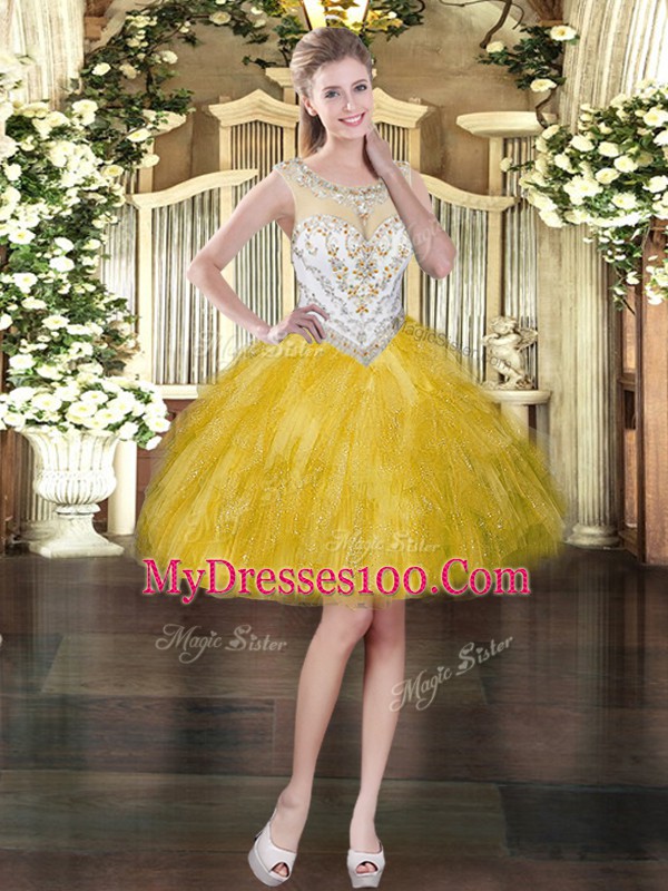 Simple Gold Zipper Homecoming Dresses Beading and Ruffles Sleeveless Mini Length