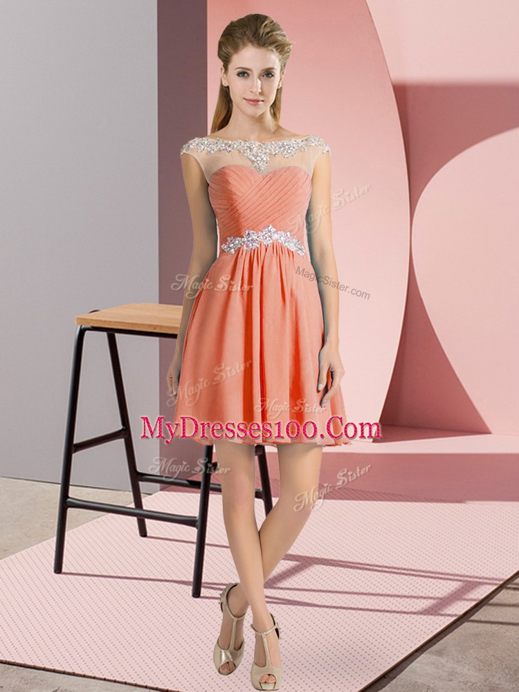 Designer Orange Red Chiffon Lace Up Dress for Prom Cap Sleeves Mini Length Beading