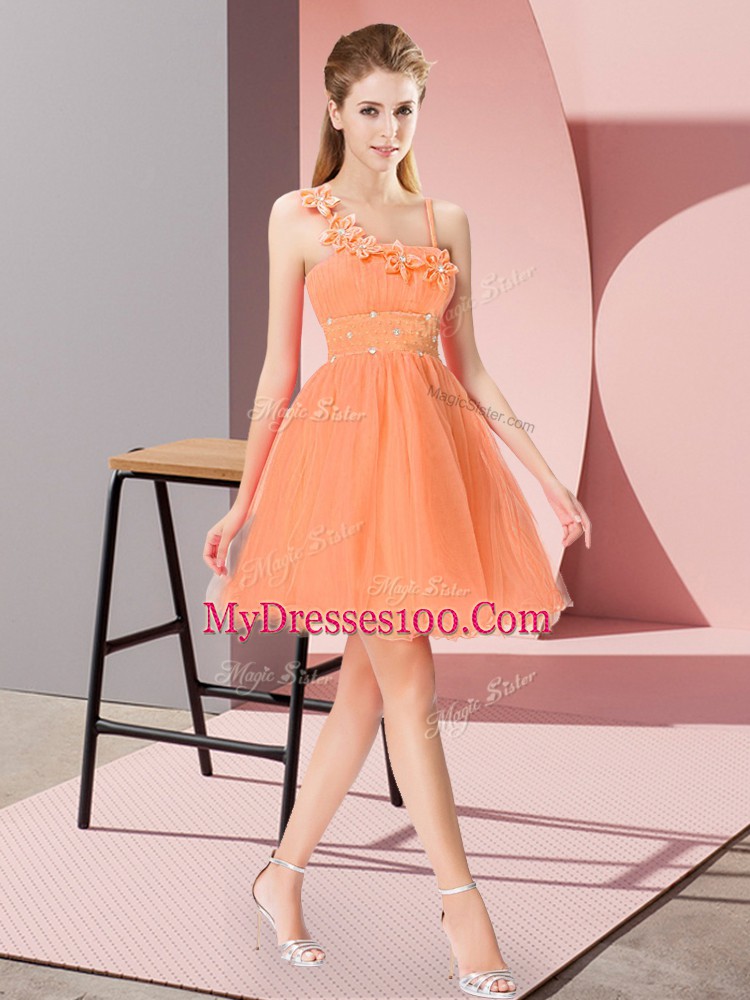 Orange Red Zipper Prom Dress Beading and Hand Made Flower Sleeveless Mini Length